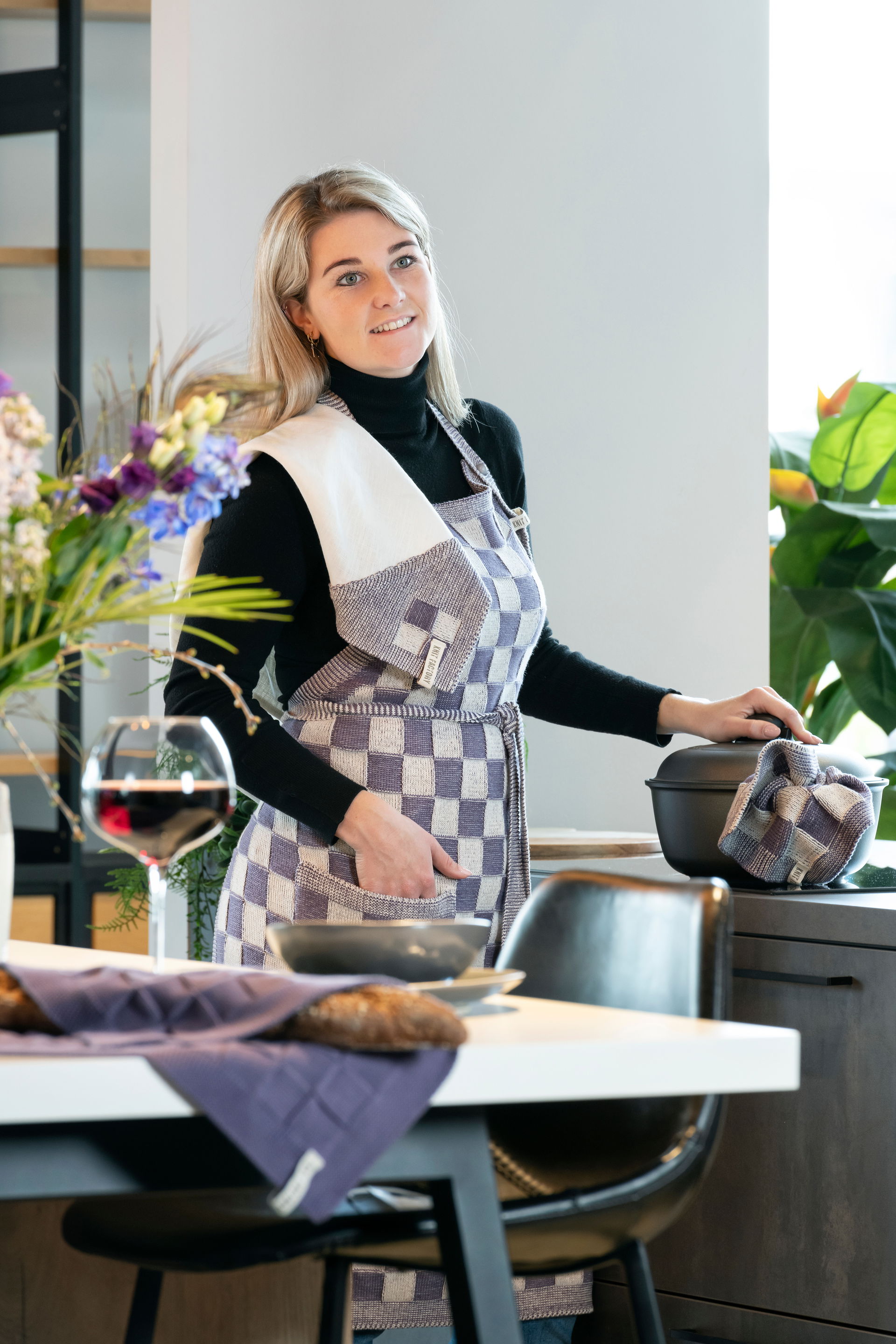 Theedoek Block Ecru/Violet