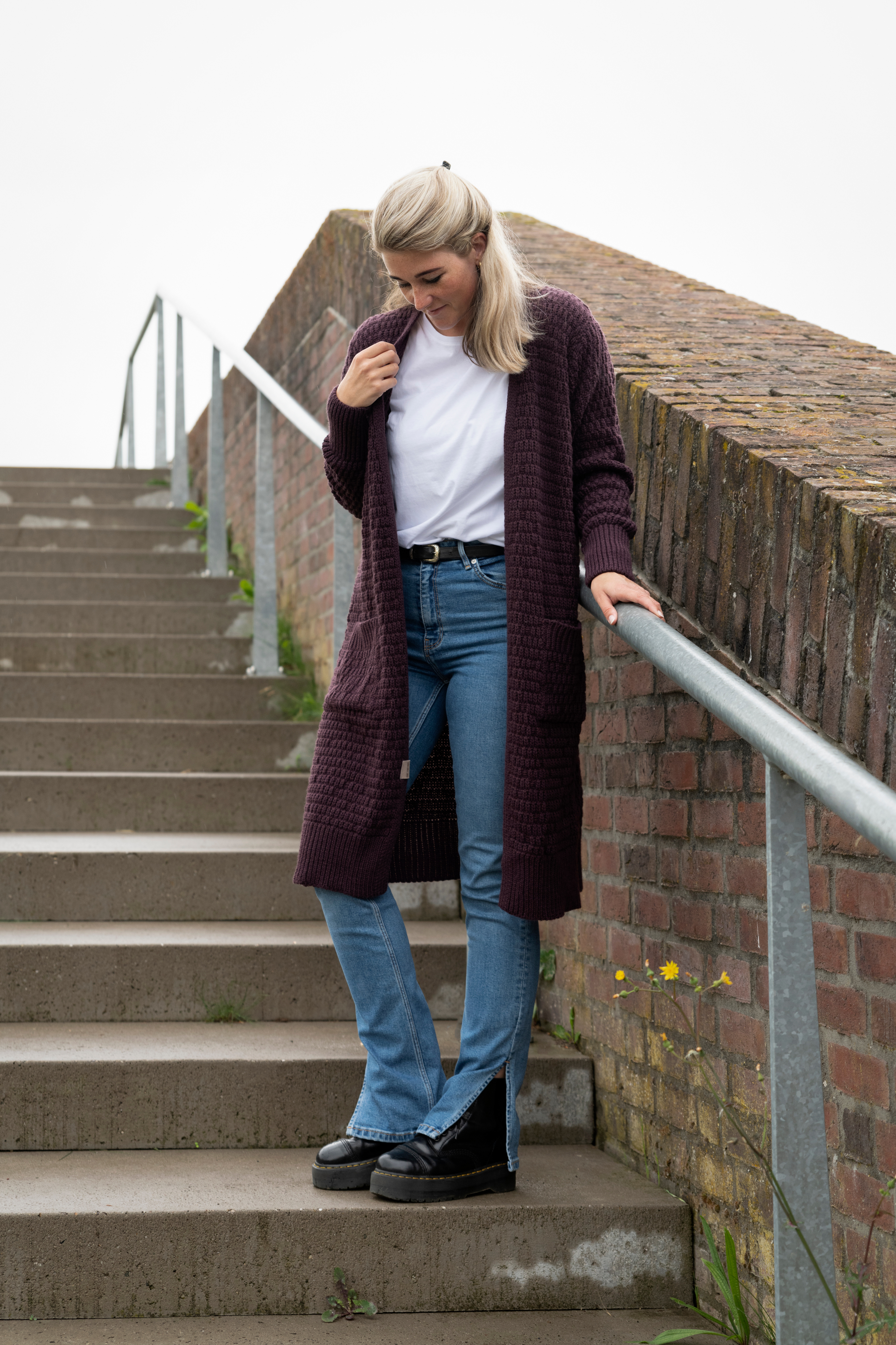 Jaida Lang Gebreid Vest Aubergine - 36/38 - Met steekzakken