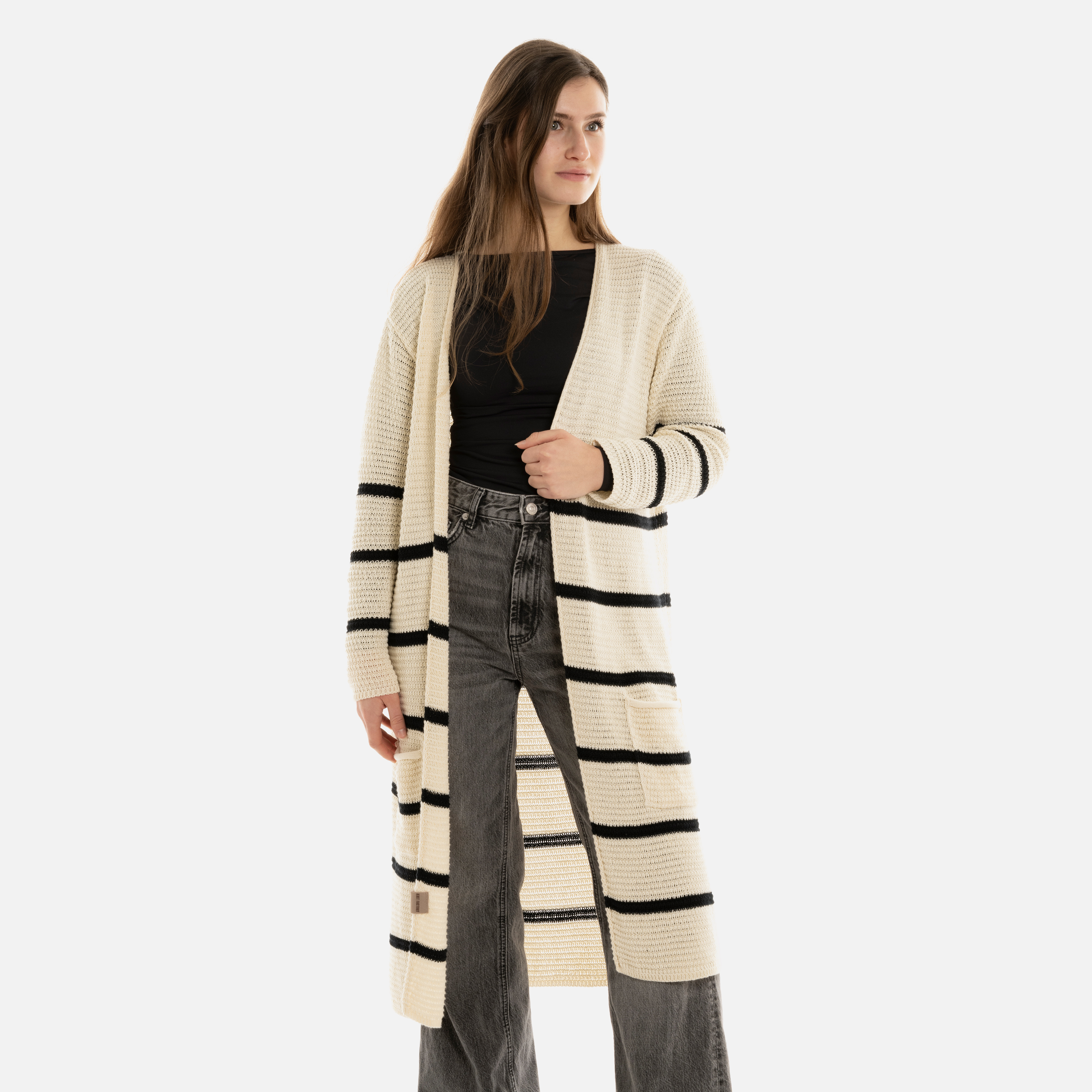 Bibi Long Knitted Cardigan Beige/Black - 36/38 - With side pockets