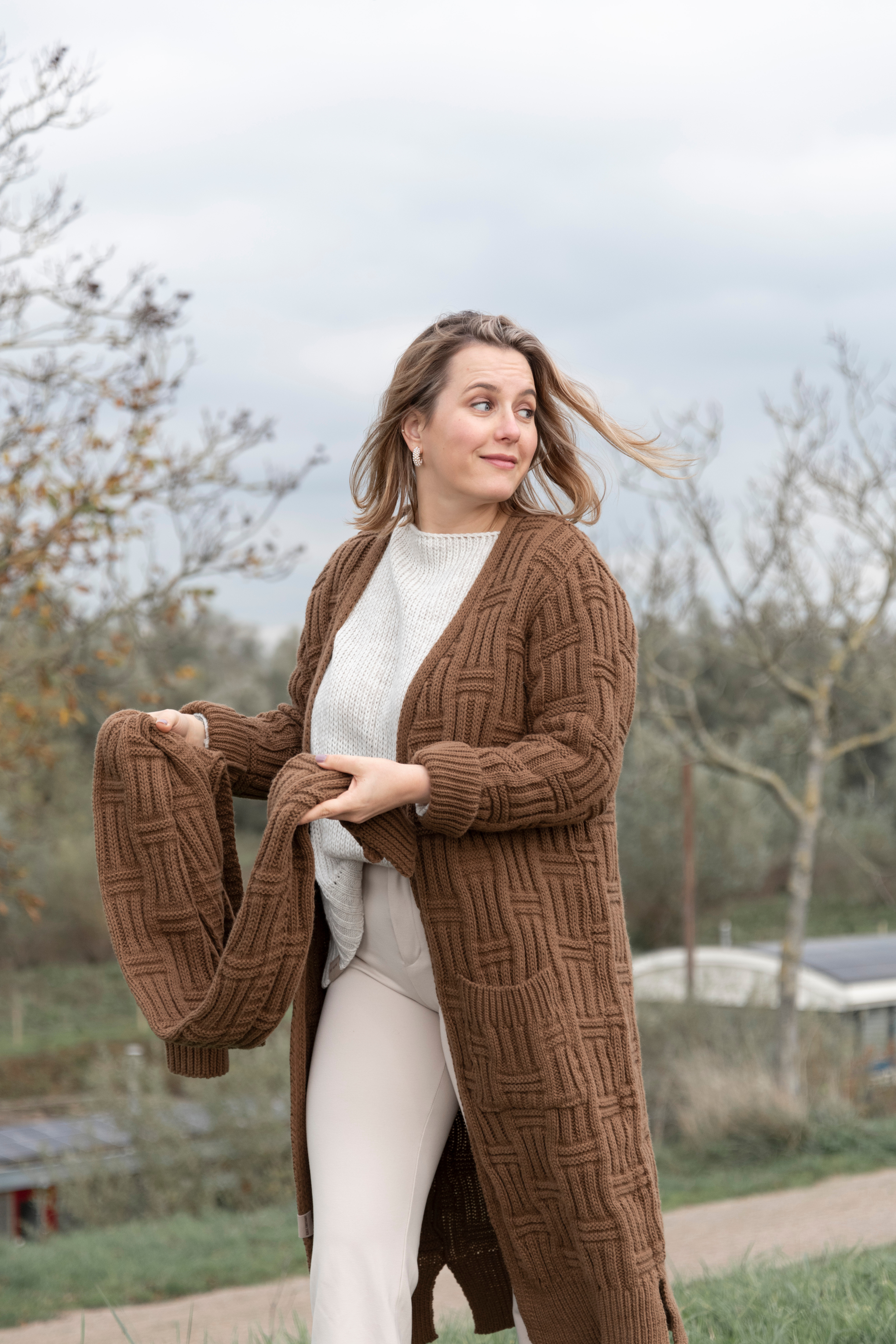 Bobby Lang Gebreid Vest Aubergine - 36/38 - Met steekzakken