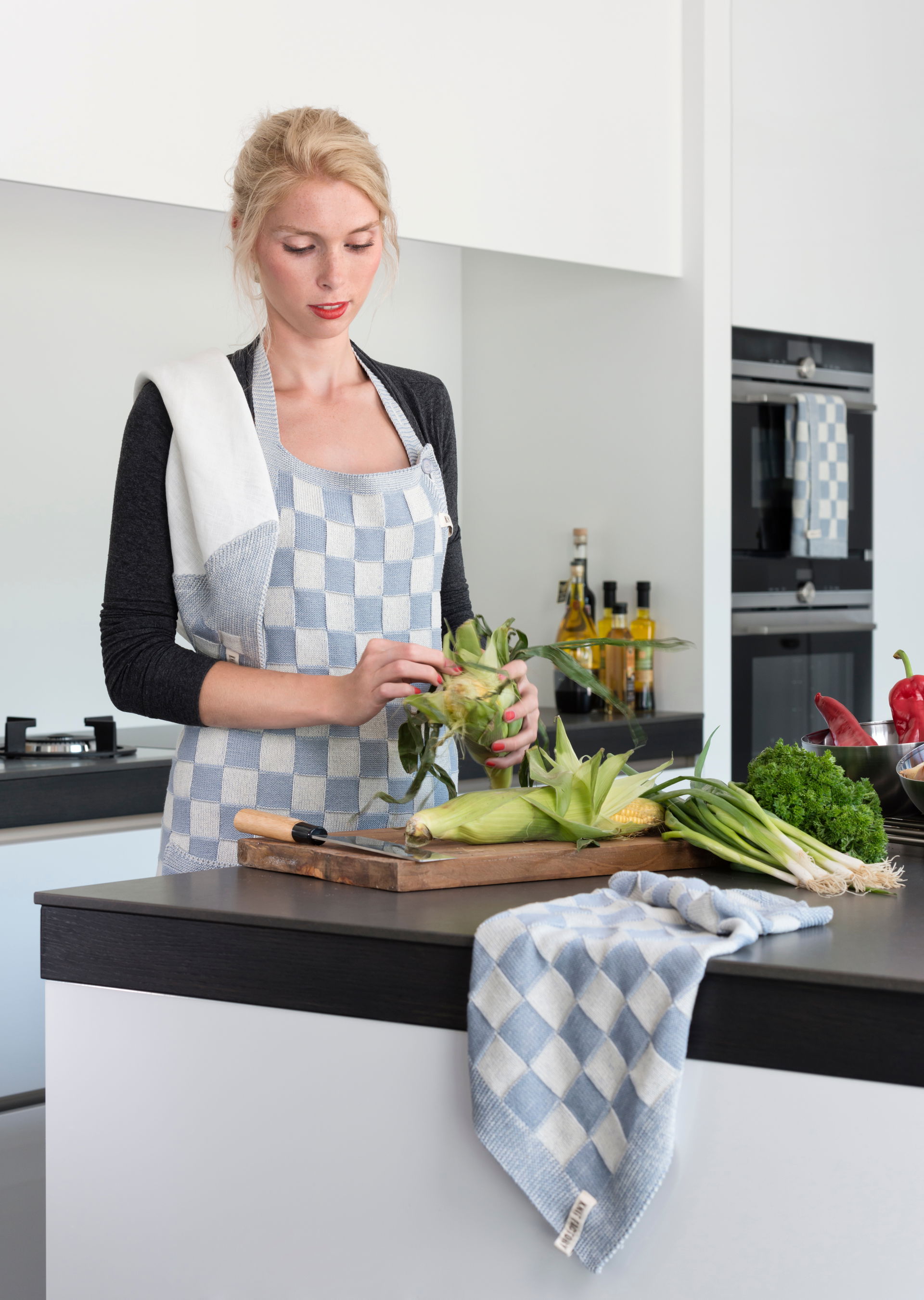 Theedoek Block Ecru/Orange