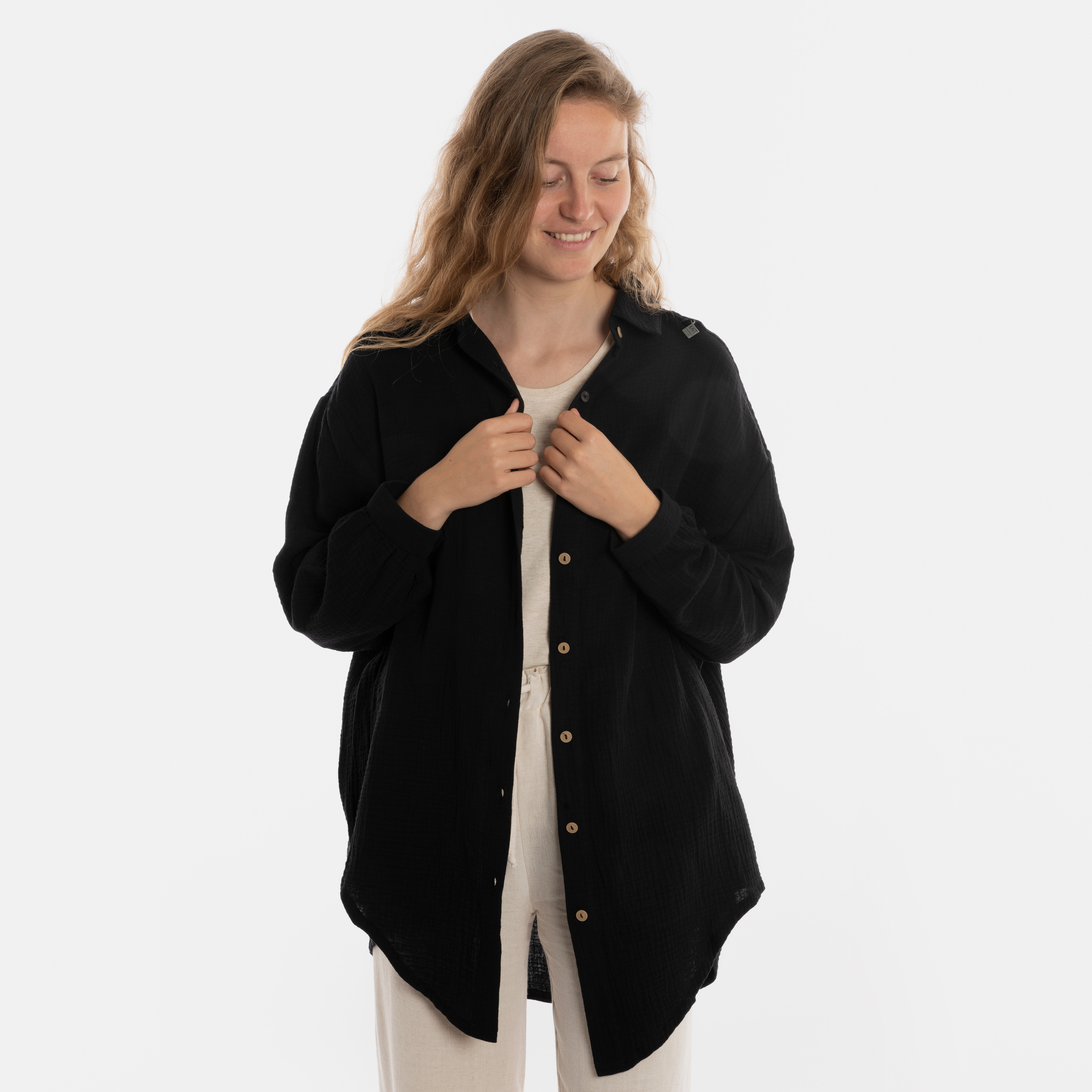 Yuki Musselin-Bluse Schwarz - Onesize 36/44