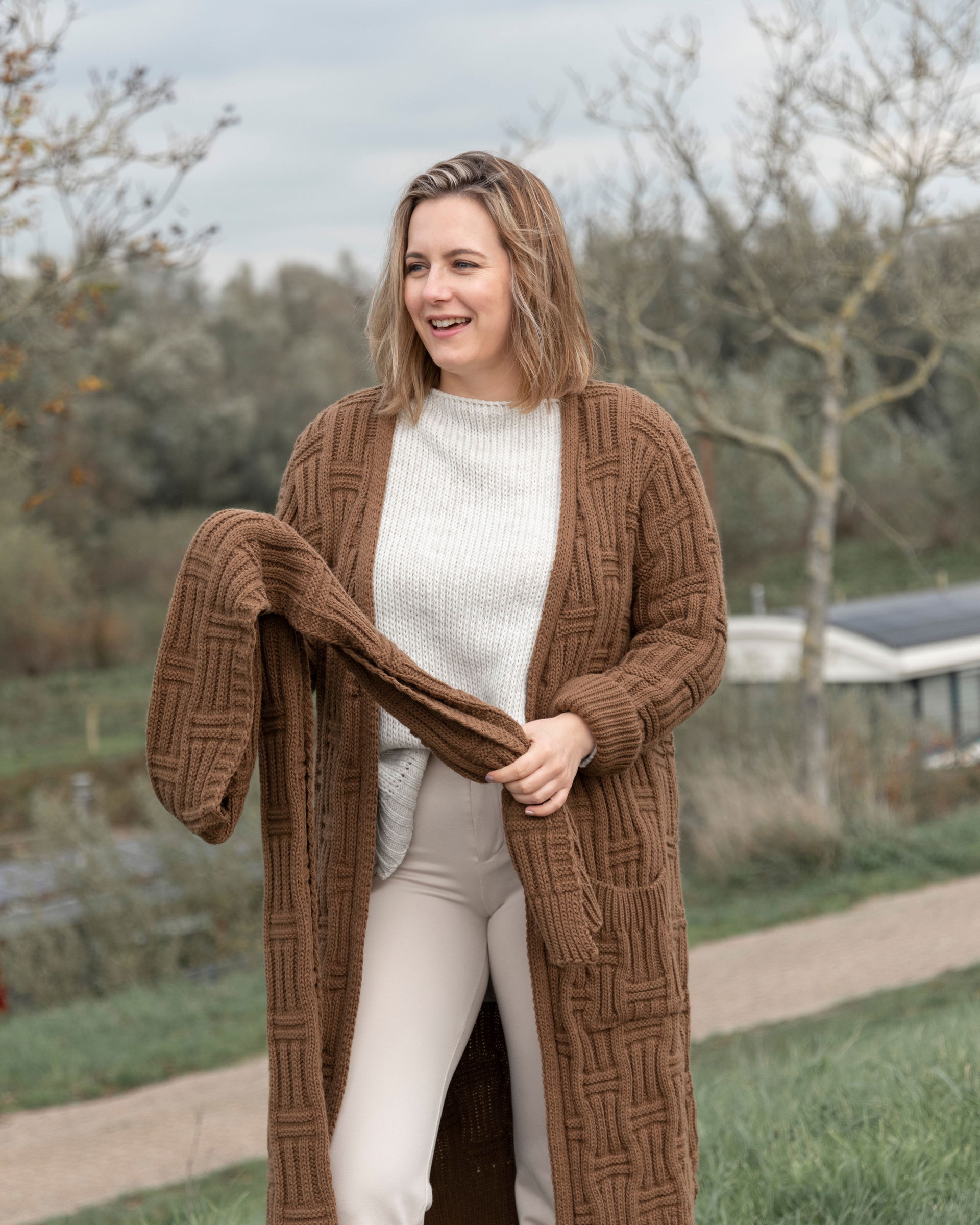 Bobby Lang Gebreid Vest Tobacco - 40/42 - Met steekzakken