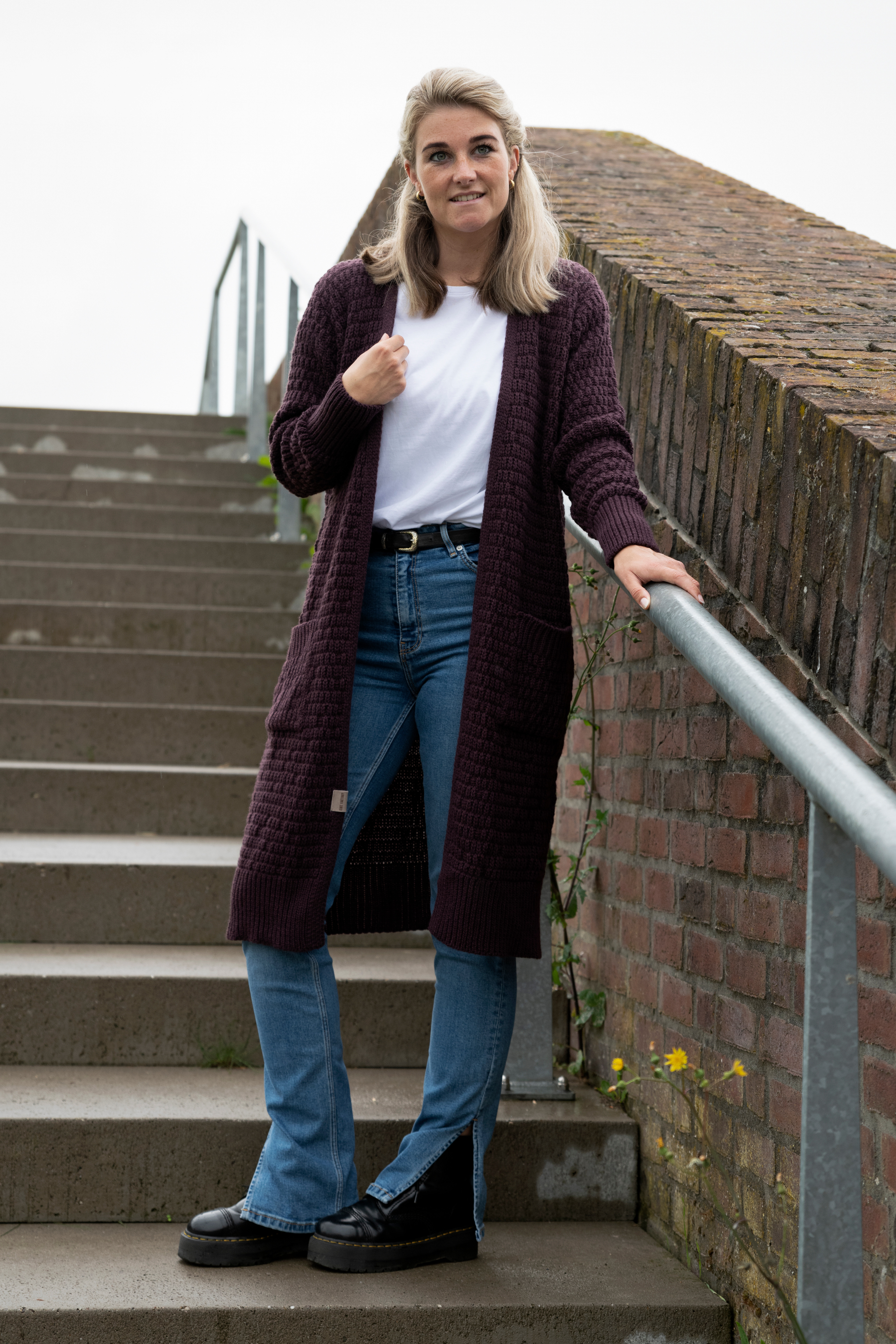 Jaida Lang Gebreid Vest Aubergine - 36/38 - Met steekzakken