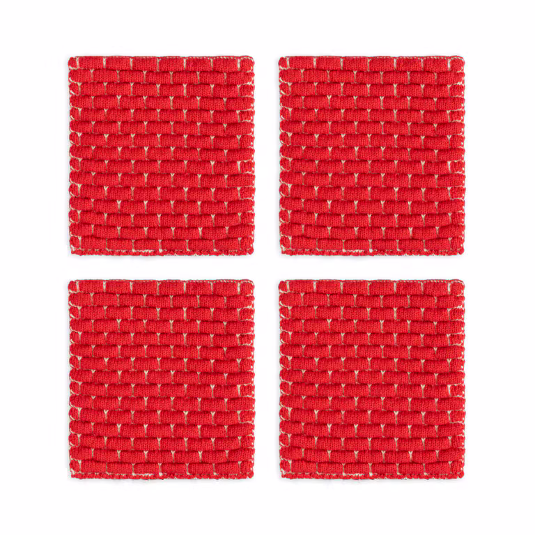 Gebreide Glasonderzetters Block Ecru/Rood - 4 Stuks