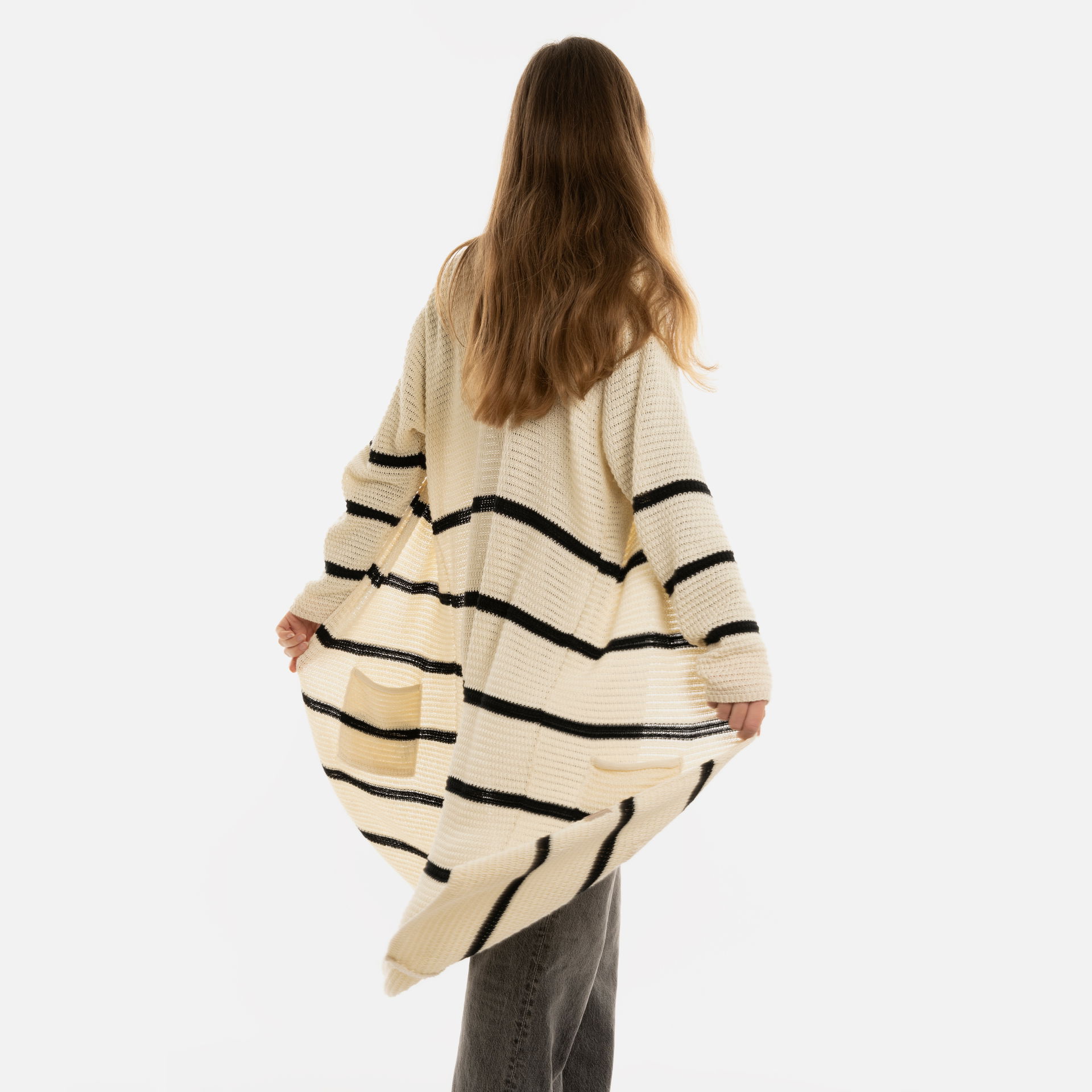 Bibi Lang Gebreid Vest Beige/Zwart - 36/38 - Met steekzakken