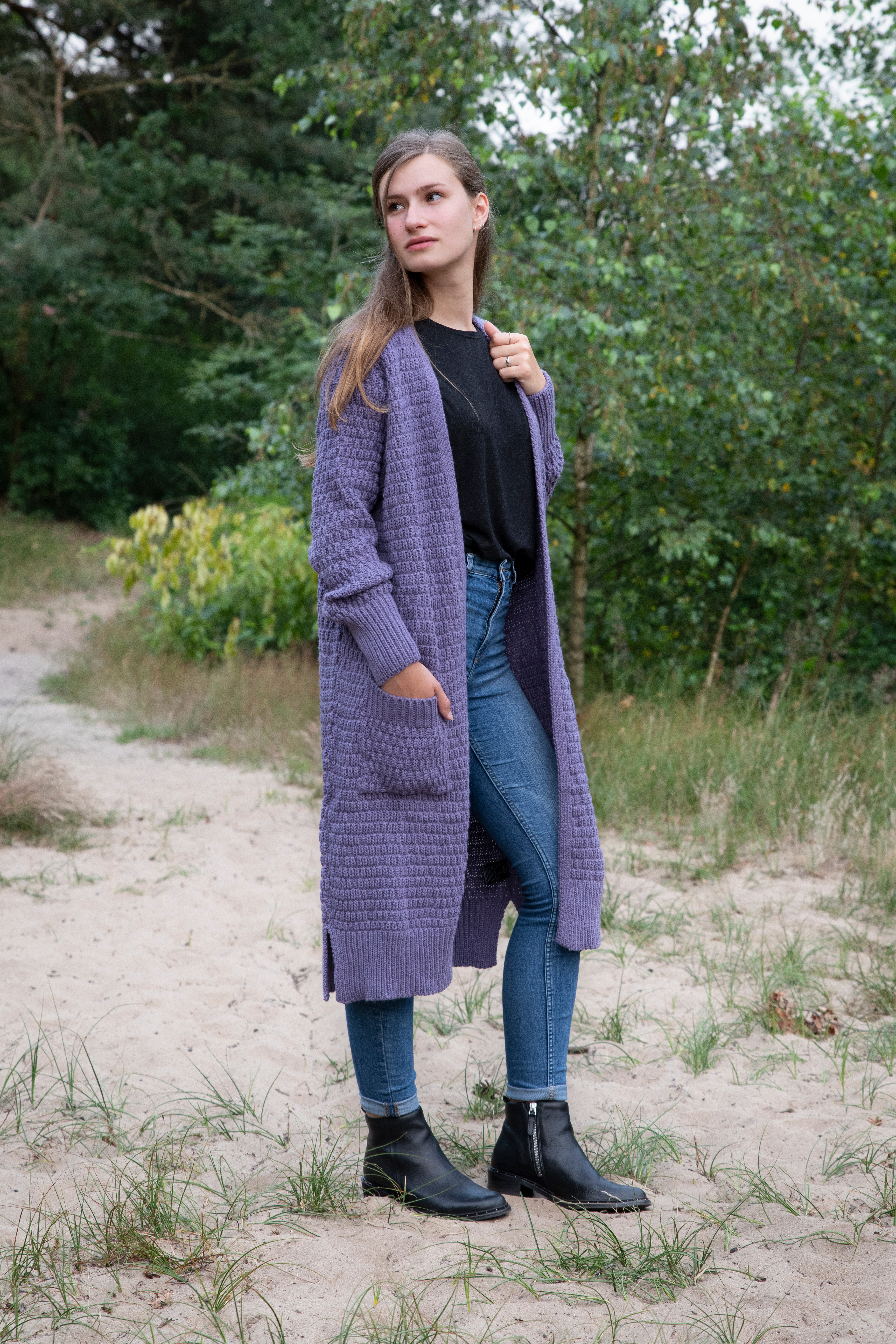 Jaida Lange Strickjacke Violett - 40/42 - Mit Taschen